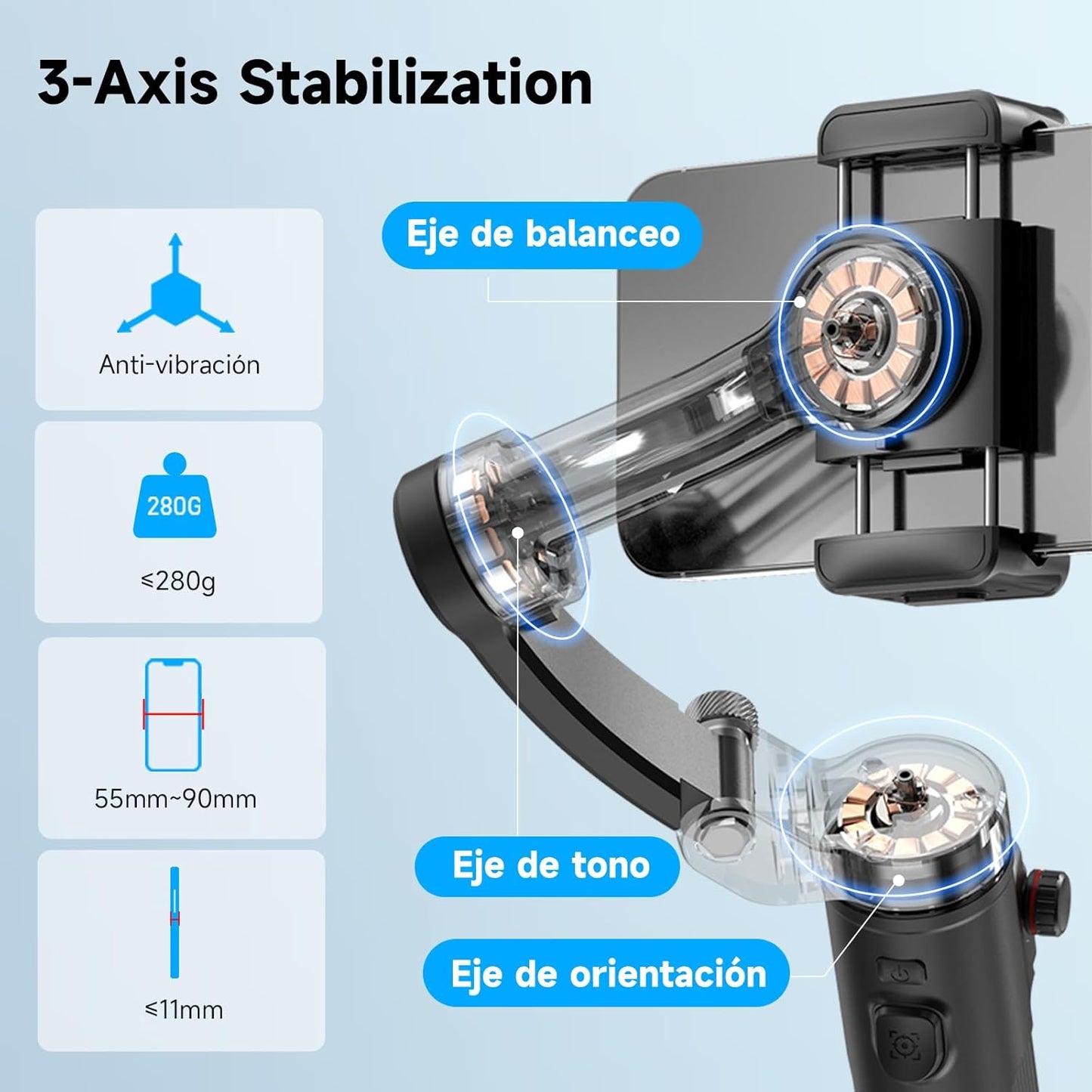 XNEN Estabilizador para Celular 3 Ejes Pro, Cardán Seguimiento de IA con RC Desmontable, Estabilizador Inteligente Plegable Portátil para Android Y iPhone