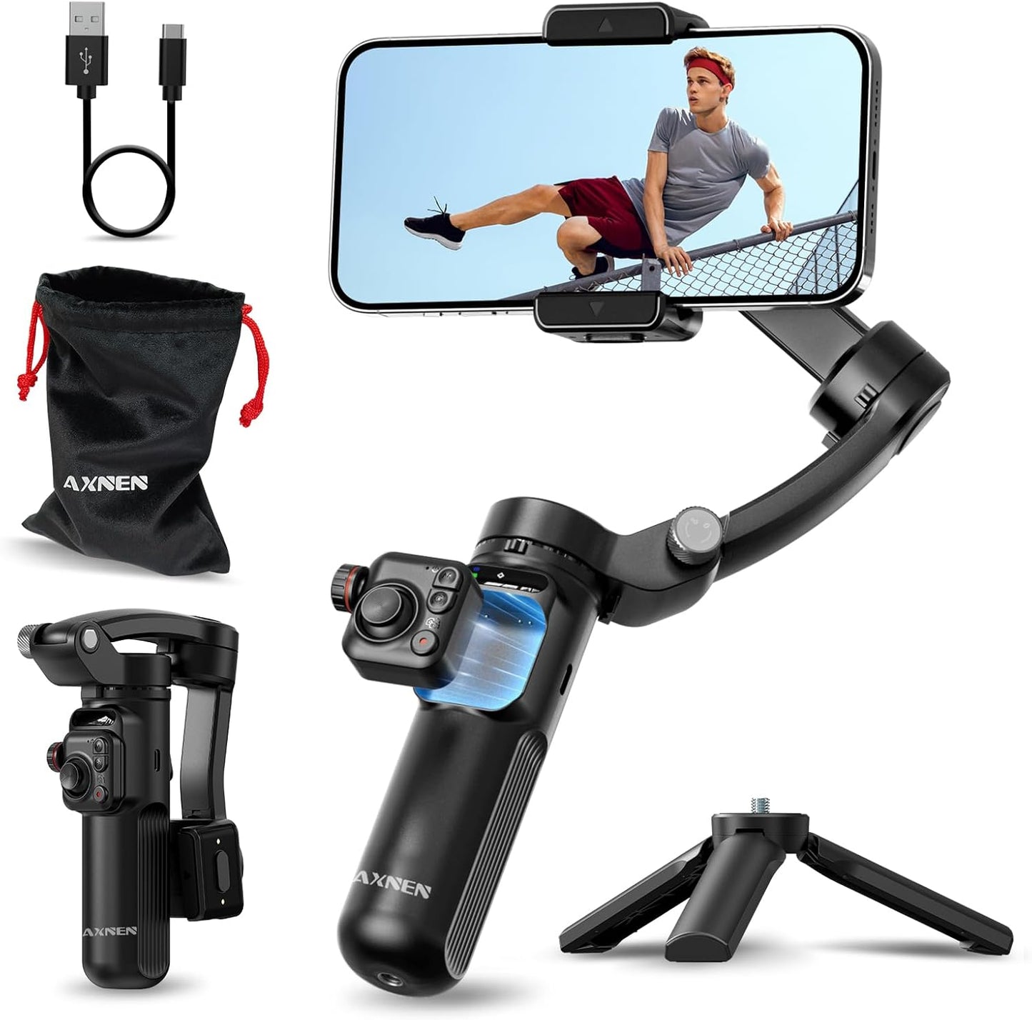 XNEN Estabilizador para Celular 3 Ejes Pro, Cardán Seguimiento de IA con RC Desmontable, Estabilizador Inteligente Plegable Portátil para Android Y iPhone