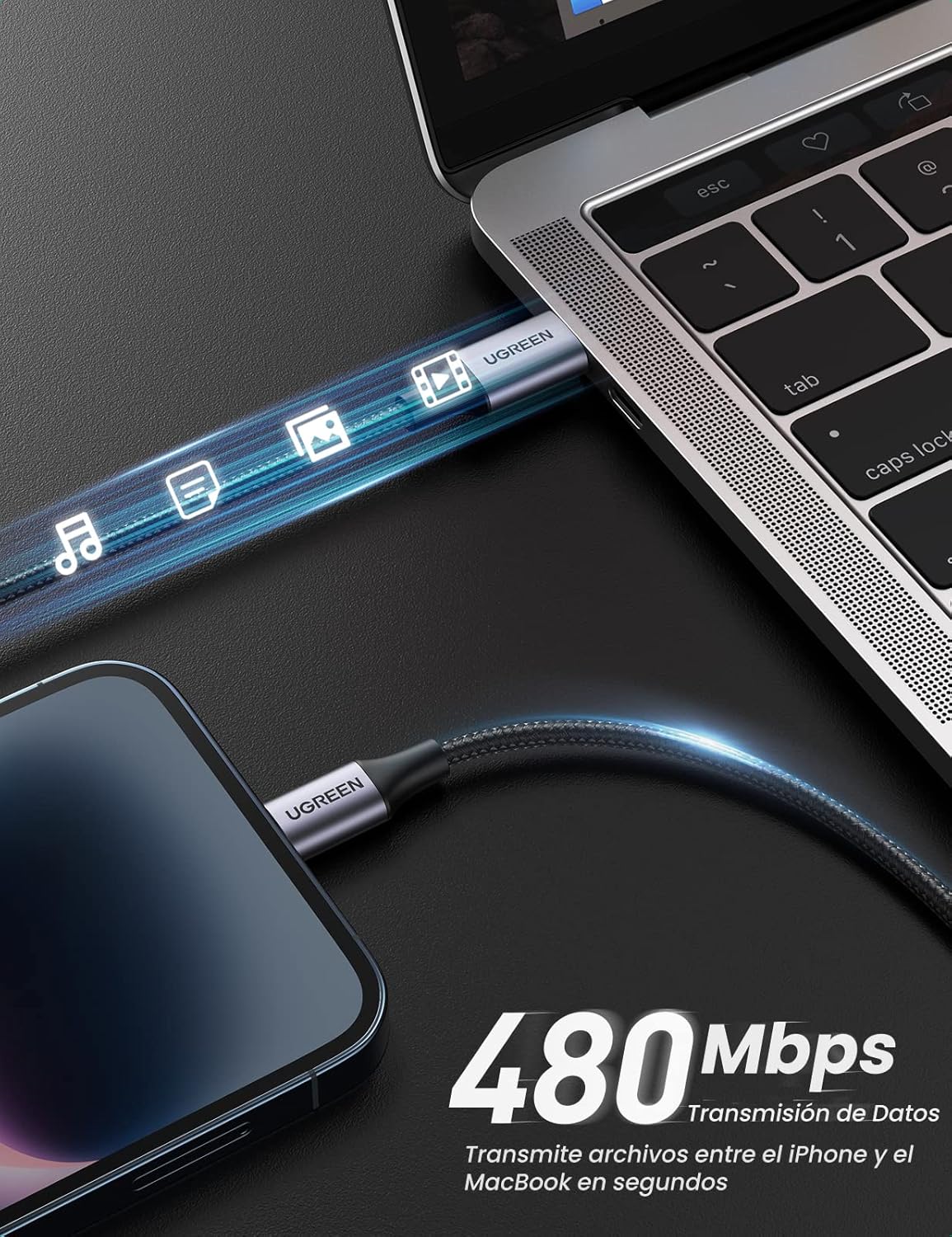 UGREEN Cable USB-C a Lightning ( IPHONE) 1M – Nylon Trenzado, Certificado MFi